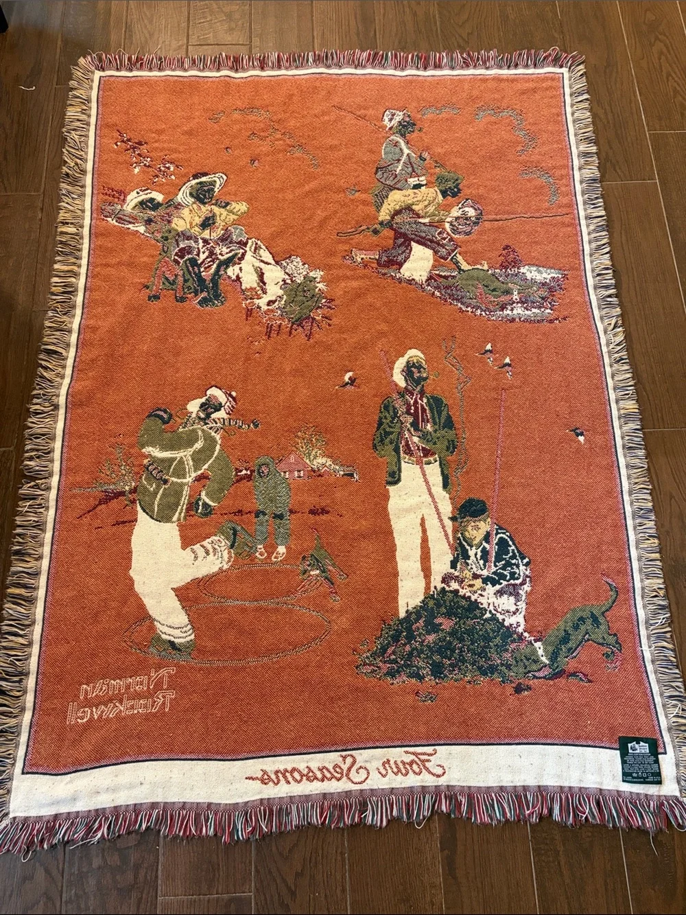 VTG Norman Rockwell Four Seasons Woven Tapestry Throw Blanket Fringed Americana